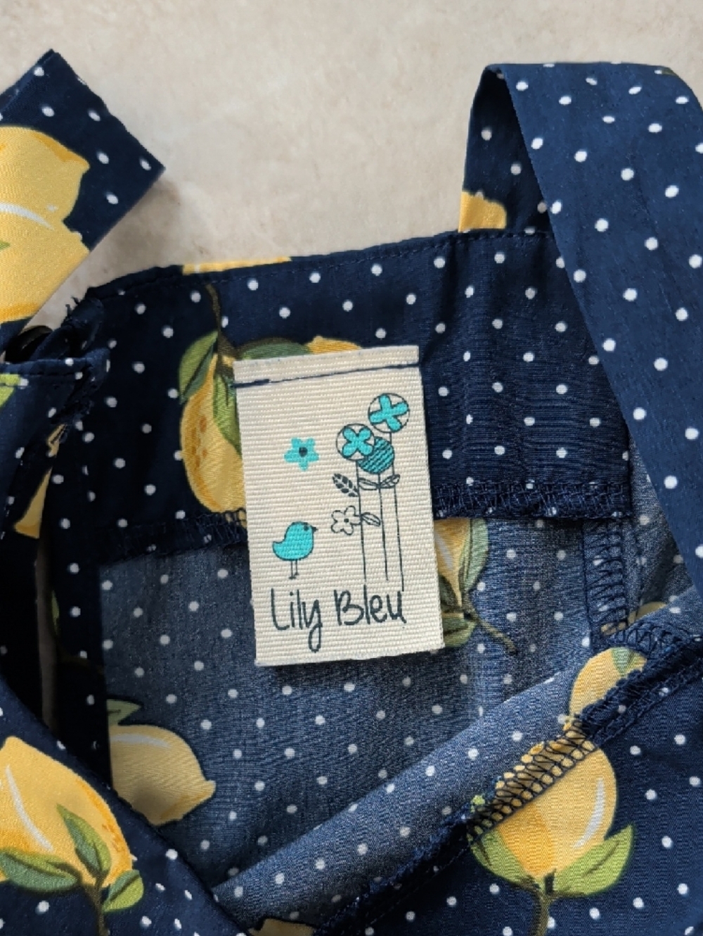 Lily Bleu Girls Size 10 Navy Blue Polka Dot Lemon Print Romper - Picture 3 of 6